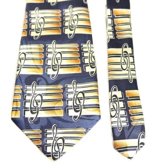 Steven Harris Tie Necktie Music Musical Notes Band Blue Tan Gold Hand Made - Picture 9 of 10